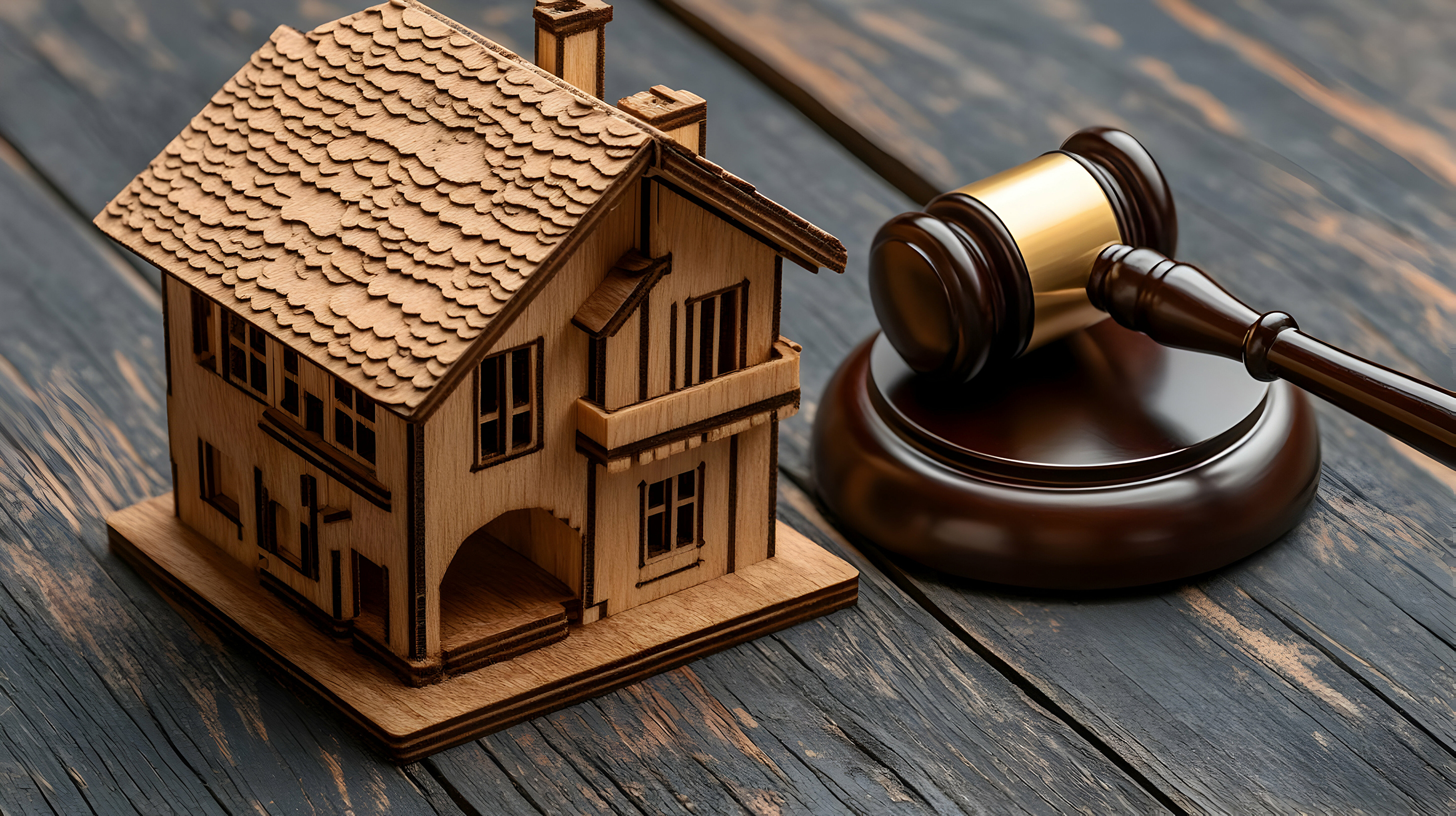 Gavel and House Model on Wooden Background.